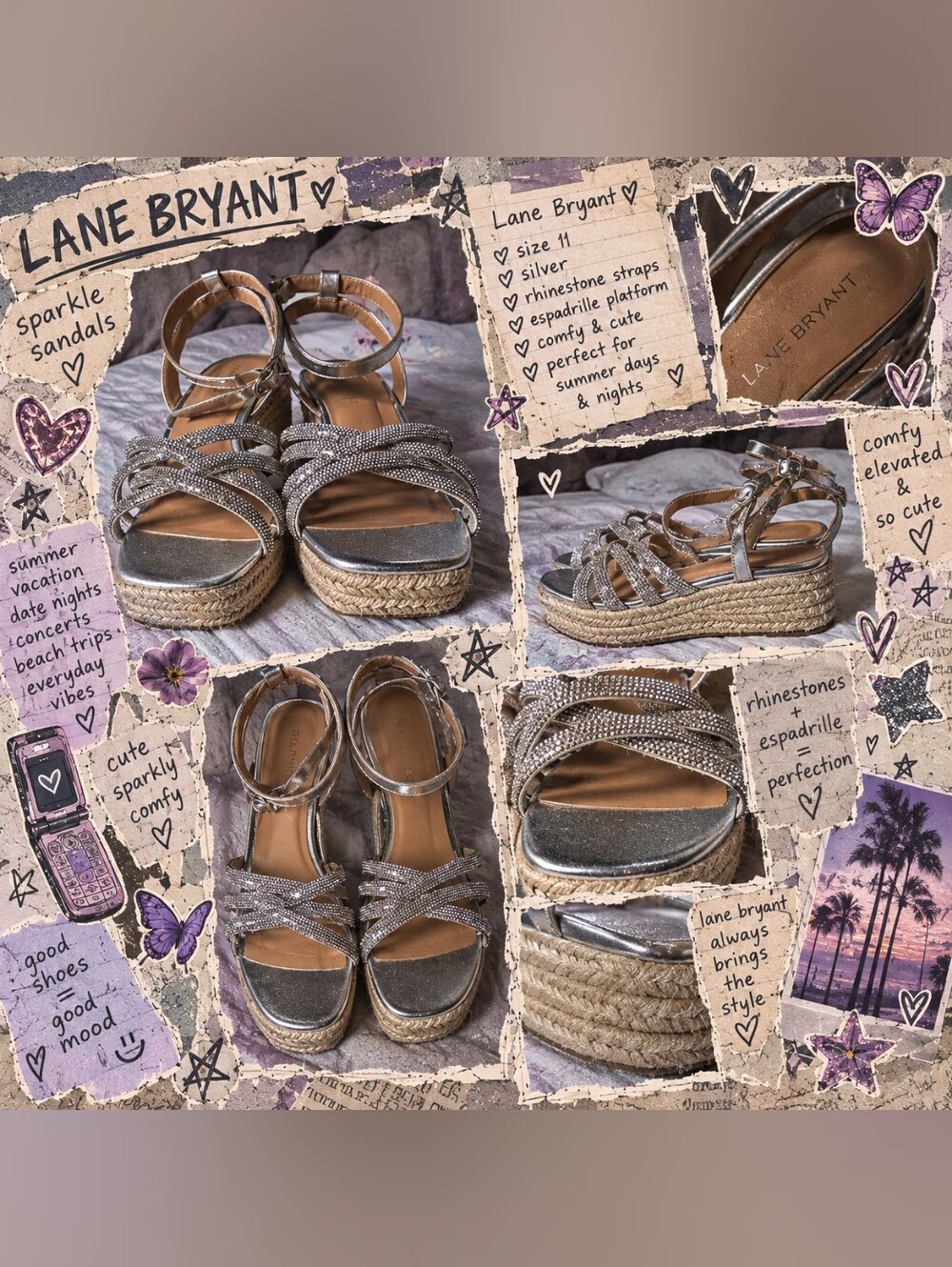 Lane Bryant Silver Rhinestone Strappy Espadrille Flatform Sandals – Size 8W